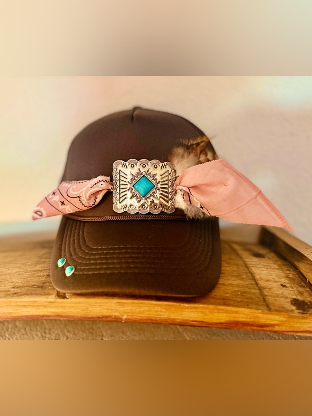 Women’s Brown Trucker Hat with Dusty Pink Bandana & Turquoise Concho
